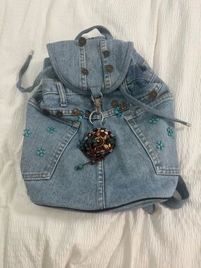 Denim Backpack with Turquoise Flower Studs